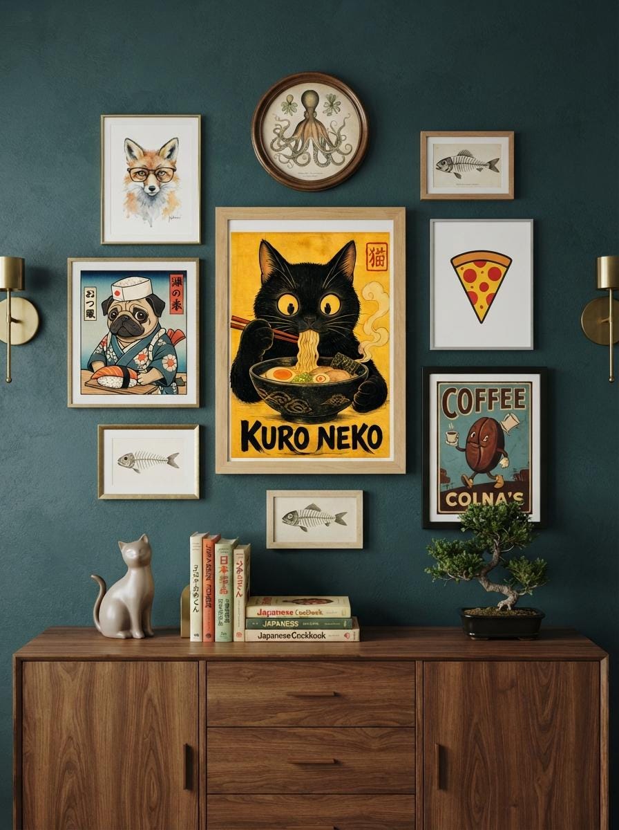 Funny Black Cat Wall Art | Ramen Kitchen Poster