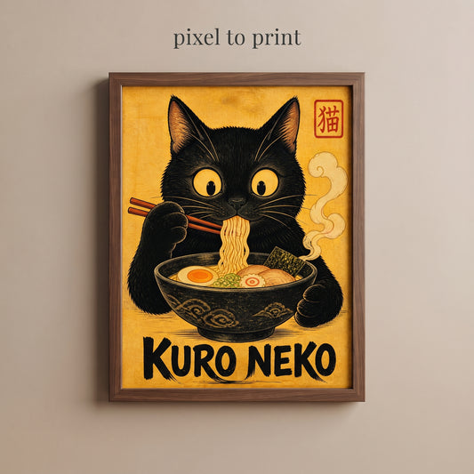 Funny Black Cat Wall Art | Ramen Kitchen Poster