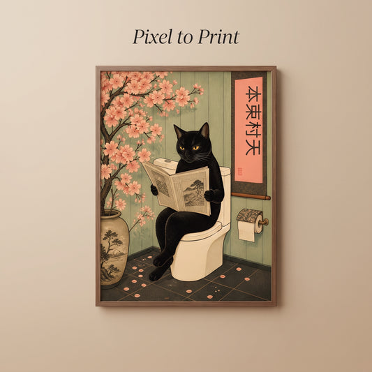 Funny Black Cat Wall Art | Bathroom Newspaper Poster