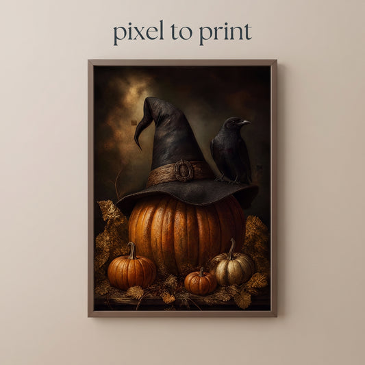 Vintage Halloween Crow Wall Art | Witch Hat Pumpkin Print
