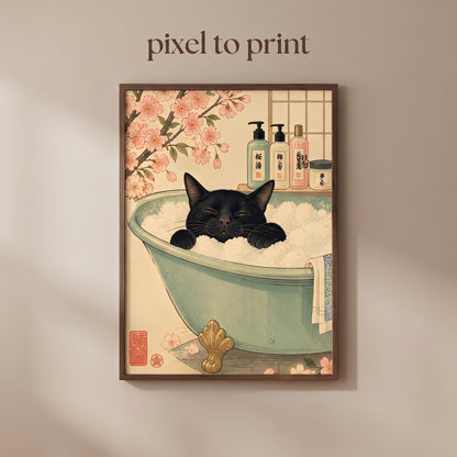 Japanese Black Cat Wall Art | Ukiyo-E Bathroom Print