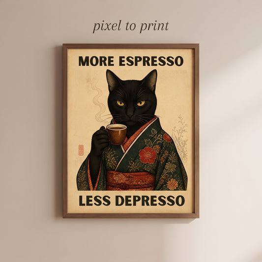 Coffee Cat Wall Art | More Espresso Less Depresso Print