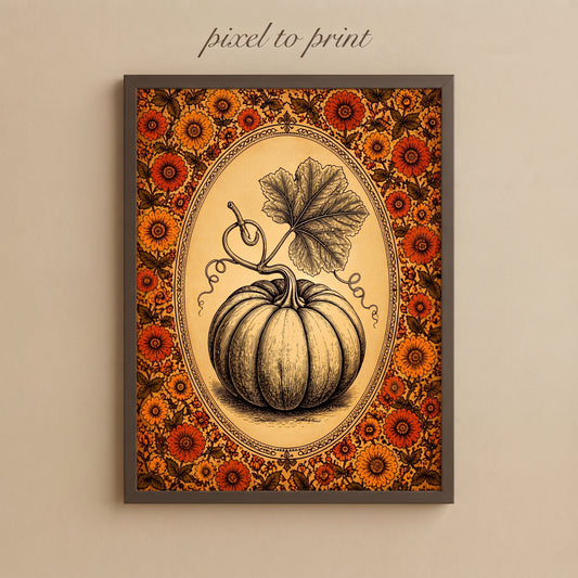 Vintage Pumpkin Printable Wall Art | Rustic Autumn Landscape Painting