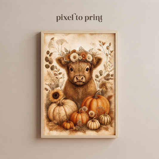 Vintage Pumpkin Nursery Art | Baby Highland Cow Fall Print