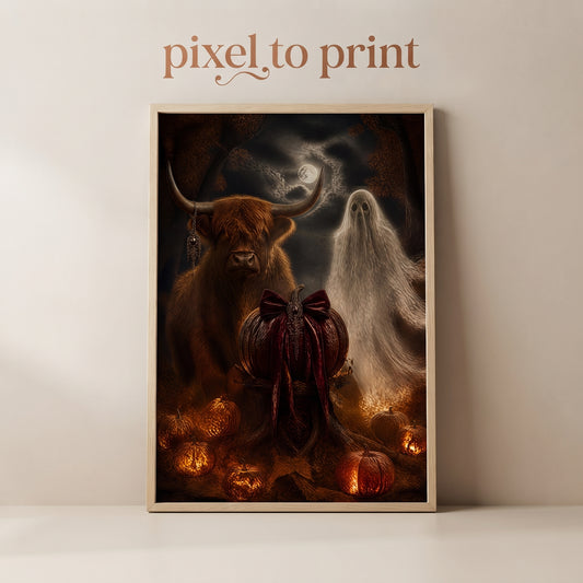 Halloween Wall Art Print | Highland Cow and Ghost Gothic Decor