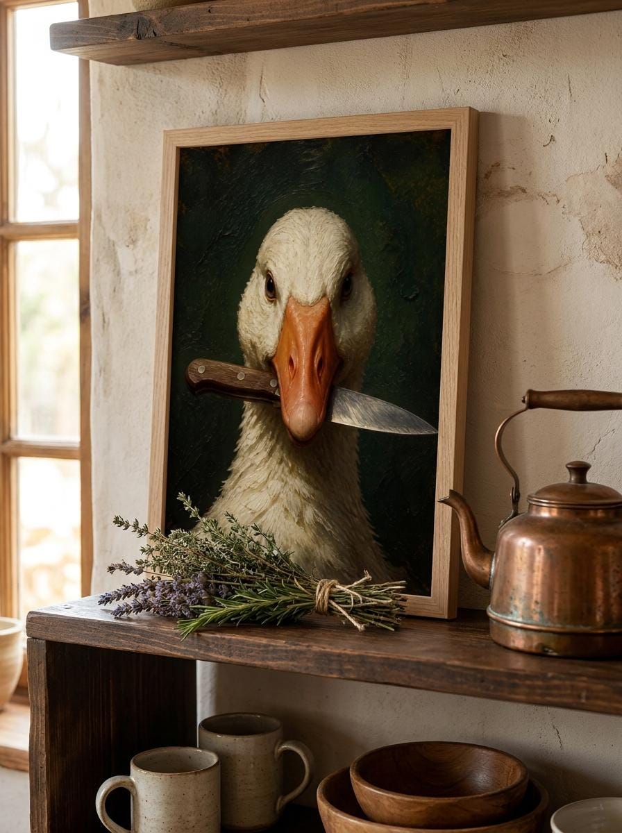 Funny Goose with a Knife Wall Art | Impasto Oil Painting Poster