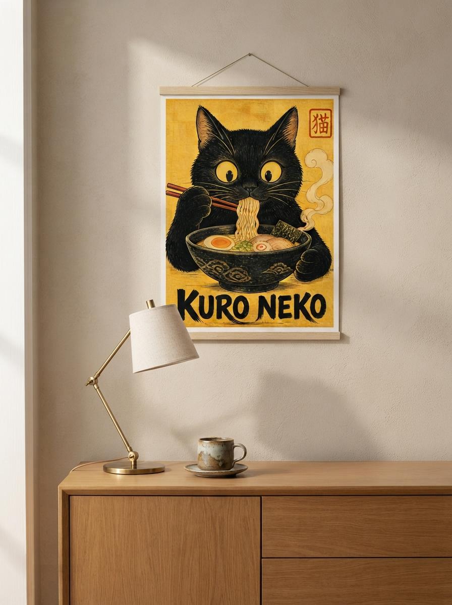 Funny Black Cat Wall Art | Ramen Kitchen Poster