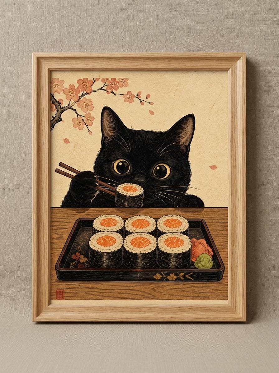 Japanese Cat Wall Art | Ukiyo-E Sushi Print