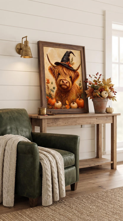 Highland Cow Witch Printable Wall Art | Cute Halloween Farmhouse Decor