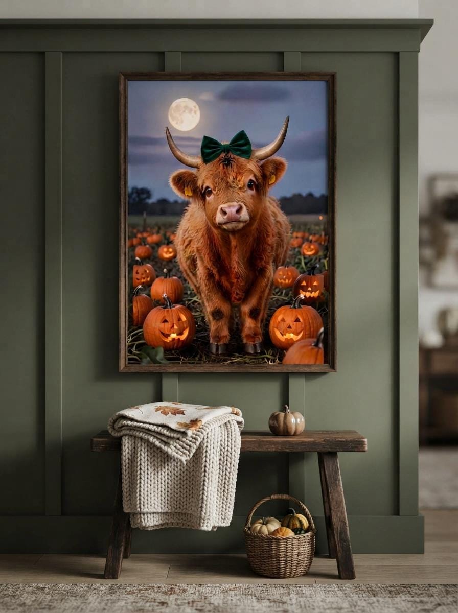 Highland Cow Halloween Wall Art | Spooky Cute Pumpkin Patch Print