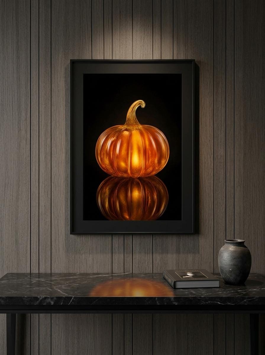 Glow Amber Glass Pumpkin Wall Art | Luxury Moody Fall Still Life Print