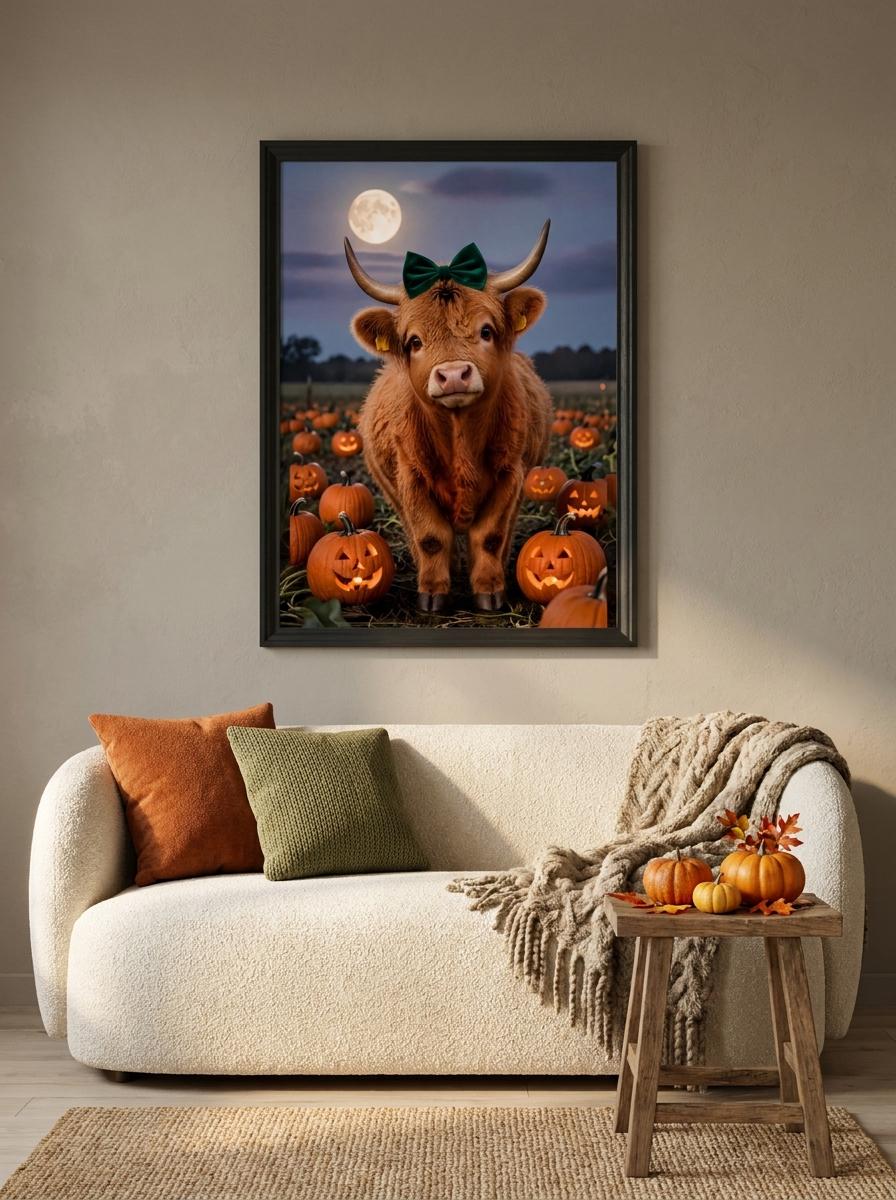 Highland Cow Halloween Wall Art | Spooky Cute Pumpkin Patch Print