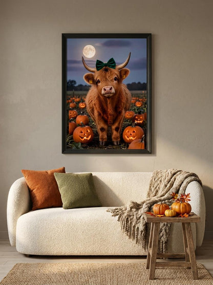 Highland Cow Halloween Wall Art | Spooky Cute Pumpkin Patch Print