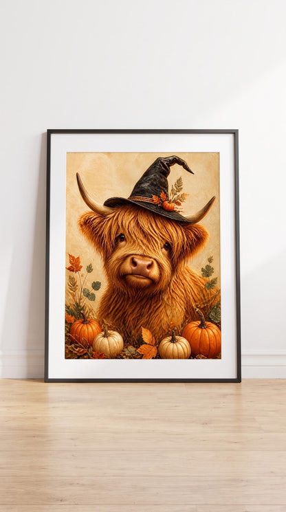 Highland Cow Witch Printable Wall Art | Cute Halloween Farmhouse Decor