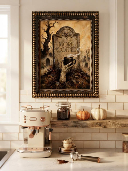 More Coffee Tombstone Print | Funny Zombie Coffee Wall Art