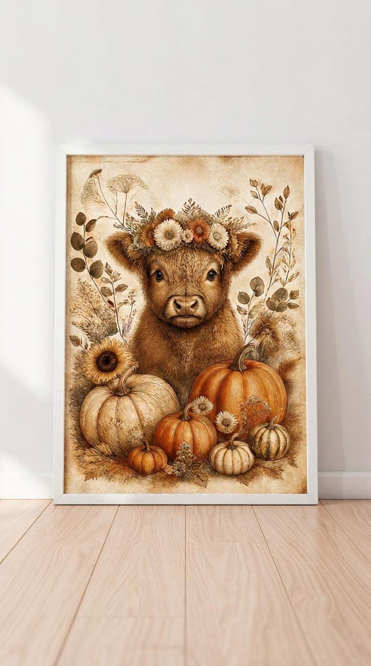 Vintage Pumpkin Nursery Art | Baby Highland Cow Fall Print
