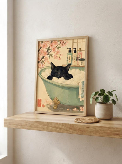 Japanese Black Cat Wall Art | Ukiyo-E Bathroom Print