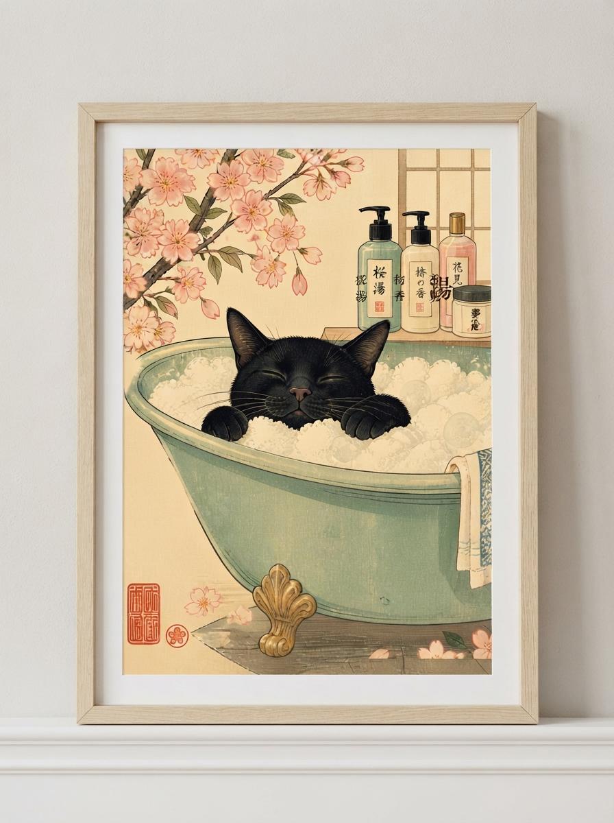 Japanese Black Cat Wall Art | Ukiyo-E Bathroom Print
