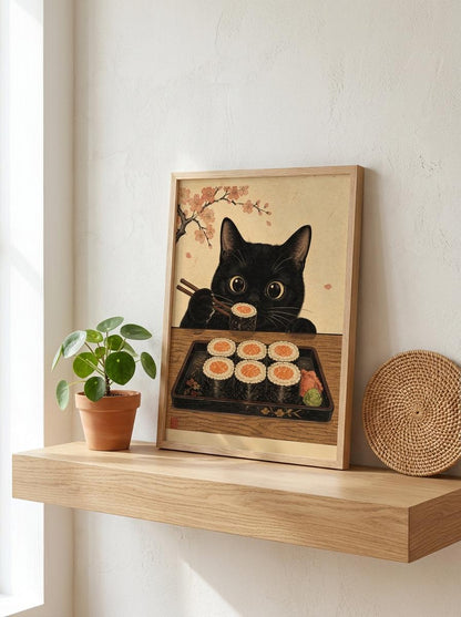 Japanese Cat Wall Art | Ukiyo-E Sushi Print