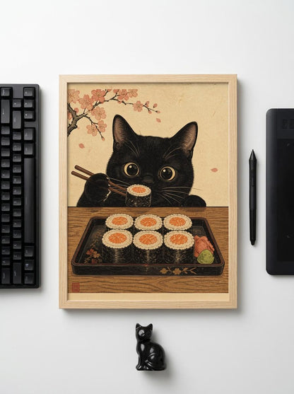 Japanese Cat Wall Art | Ukiyo-E Sushi Print
