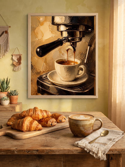 Impasto Espresso Oil Painting Print | Textured Coffee Wall Decor