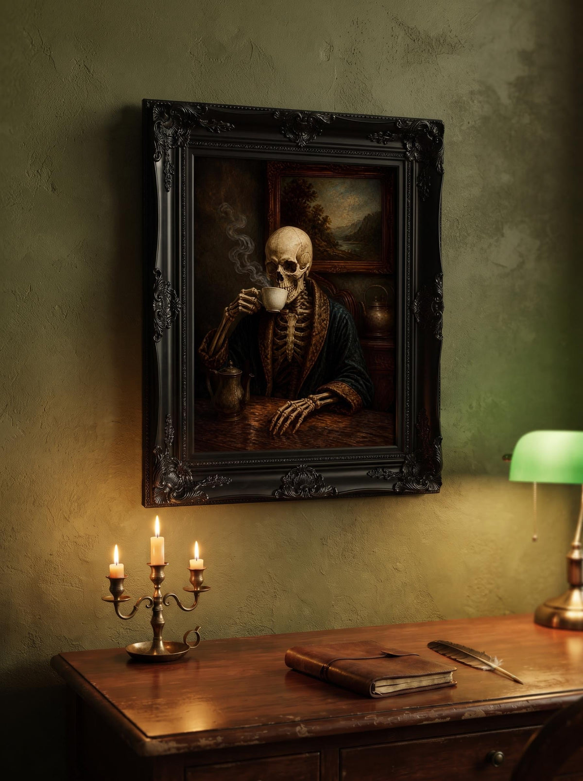 Vintage Skeleton Drinking Coffee | Dark Academia Wall Art