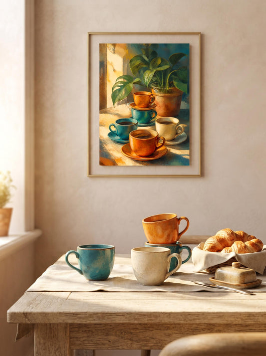 Vibrant Coffee Cups Still Life Painting | Mid Century Poster