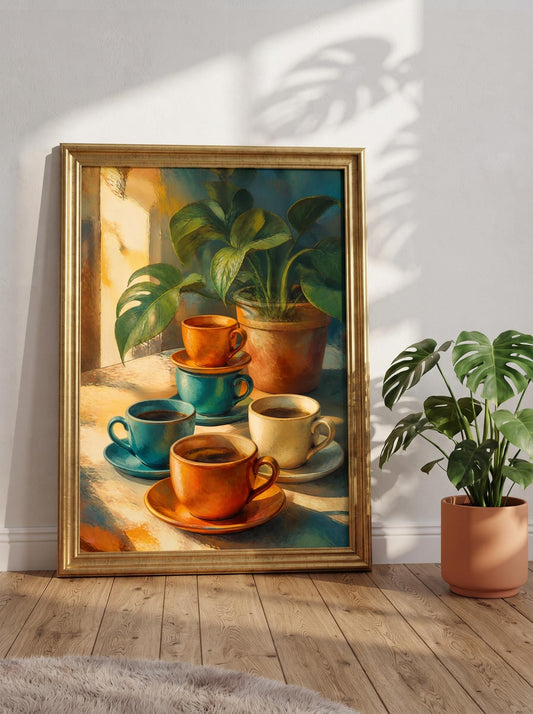 Vibrant Coffee Cups Still Life Painting | Mid Century Poster