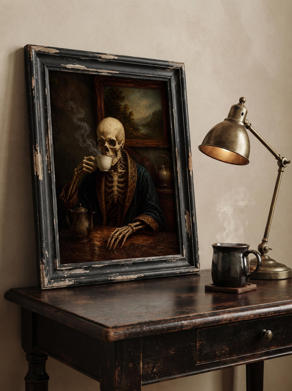 Vintage Skeleton Drinking Coffee | Dark Academia Wall Art