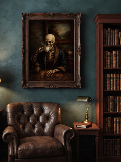 Vintage Skeleton Drinking Coffee | Dark Academia Wall Art
