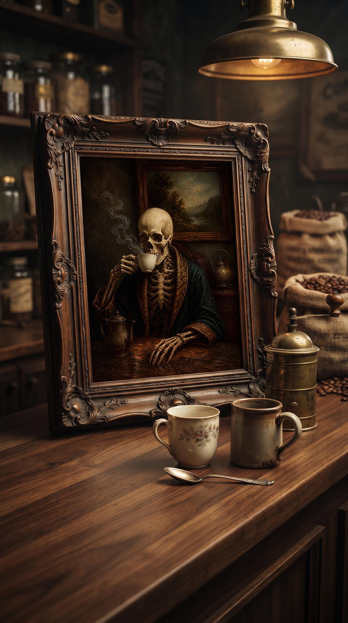 Vintage Skeleton Drinking Coffee | Dark Academia Wall Art