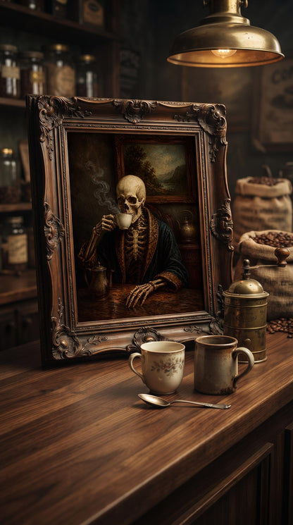 Vintage Skeleton Drinking Coffee | Dark Academia Wall Art