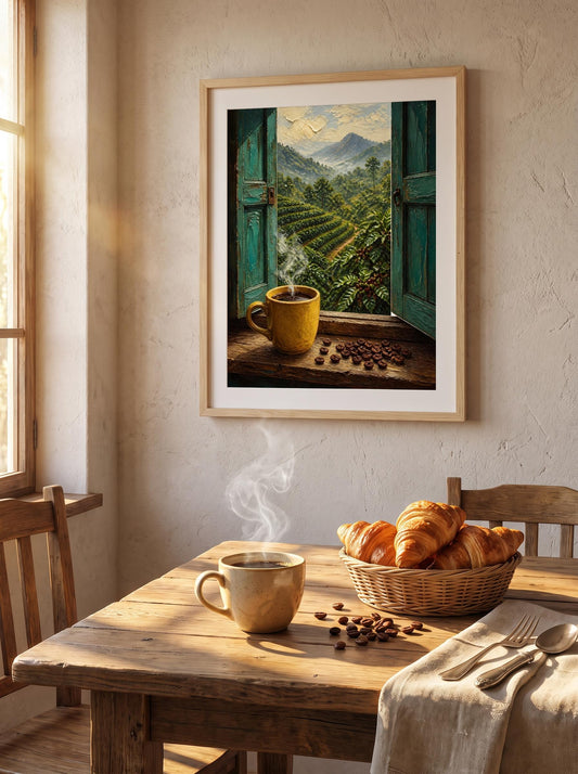 Coffee Plantation Window Oil Painting | Rustic Teal Decor