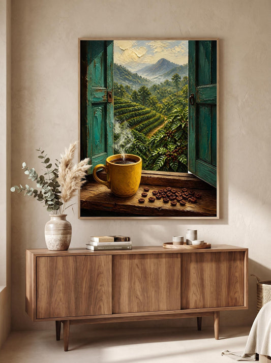 Coffee Plantation Window Oil Painting | Rustic Teal Decor