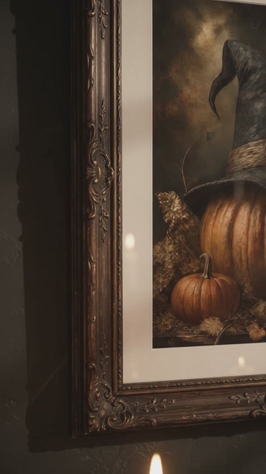 Vintage Halloween Crow Wall Art | Witch Hat Pumpkin Print