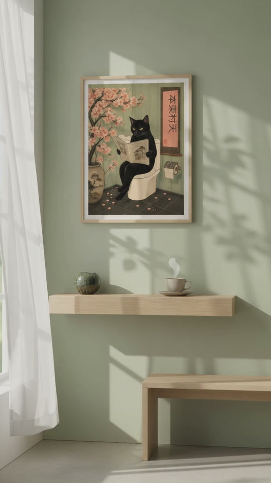 Funny Black Cat Wall Art | Bathroom Newspaper Poster