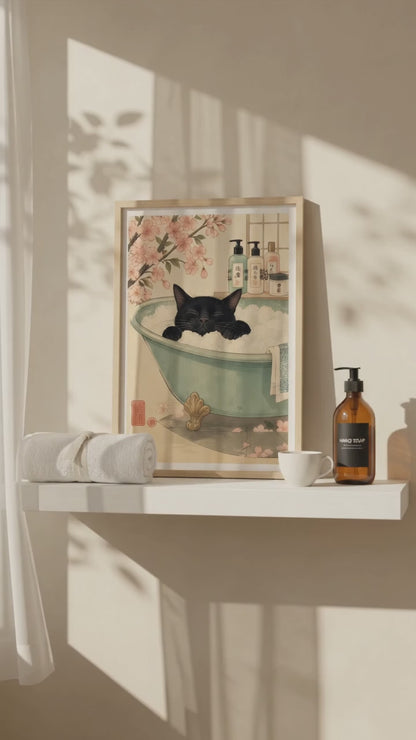 Japanese Black Cat Wall Art | Ukiyo-E Bathroom Print