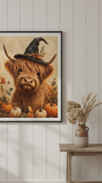 Highland Cow Witch Printable Wall Art | Cute Halloween Farmhouse Decor