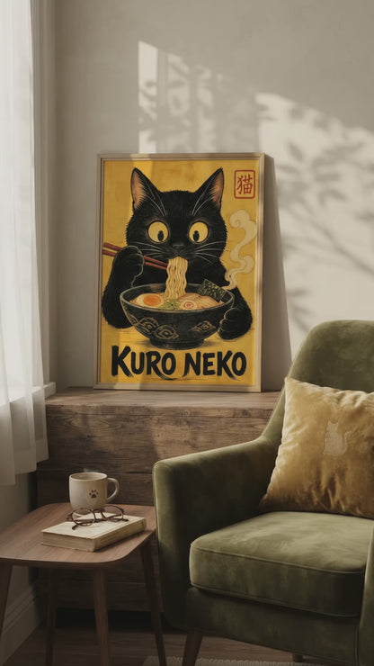 Funny Black Cat Wall Art | Ramen Kitchen Poster
