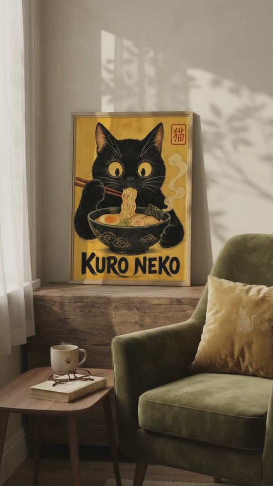 Funny Black Cat Wall Art | Ramen Kitchen Poster