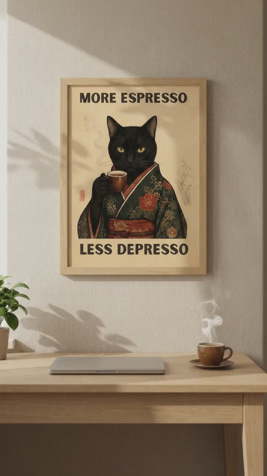 Coffee Cat Wall Art | More Espresso Less Depresso Print