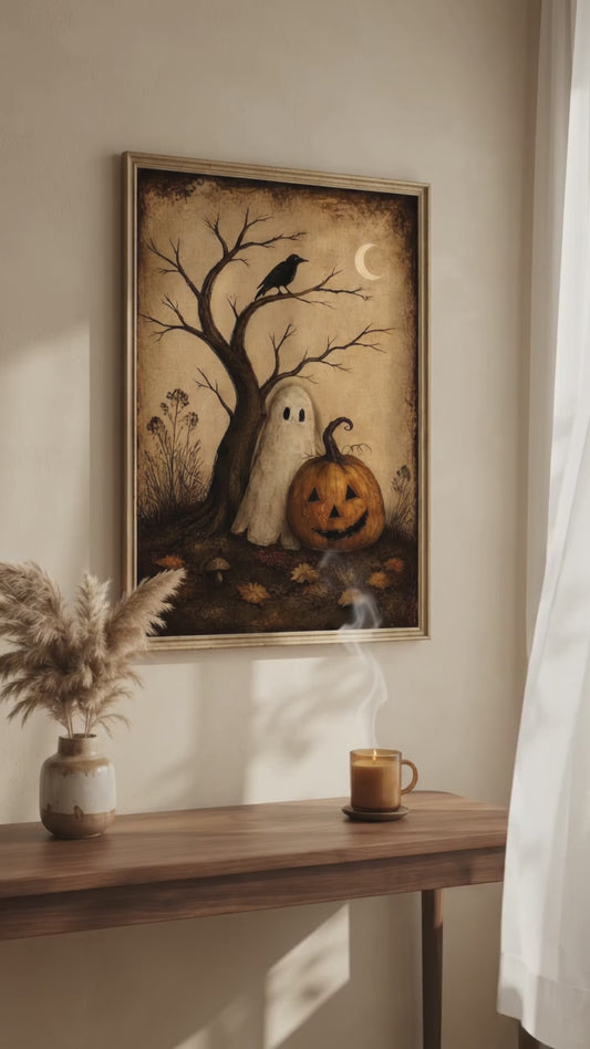 Primitive Halloween Wall Art | Ghost Pumpkin Crow Rustic Decor