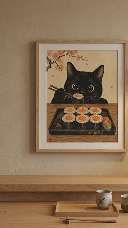 Japanese Cat Wall Art | Ukiyo-E Sushi Print